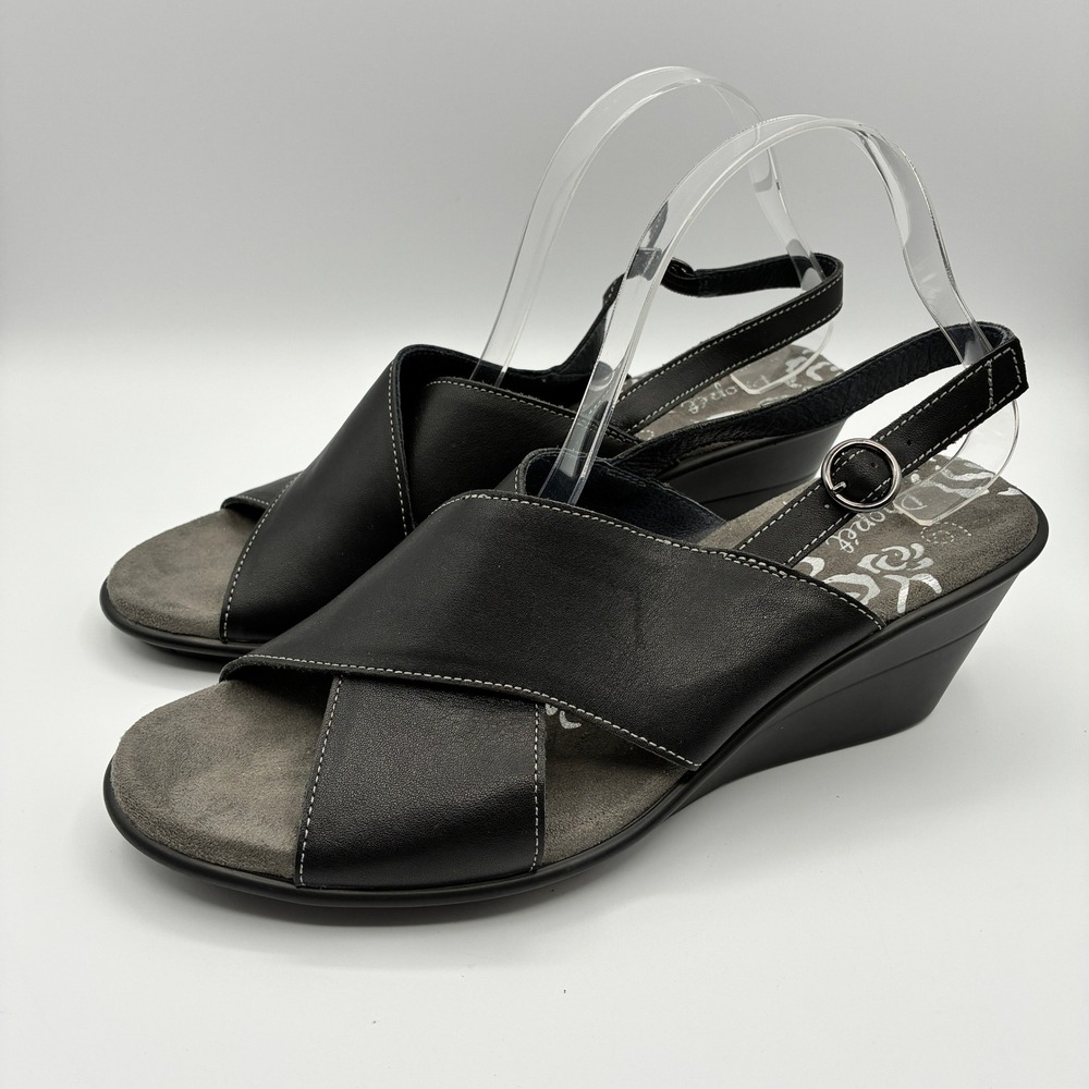 Propet Luna Wedge Sandals Womens 11 Black Leather Cross Strap Slingback WSX053L